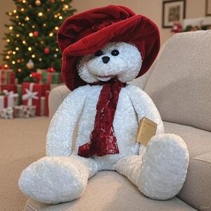 Chantilly Lane Ashley Chenille Bear 22” White Plush Teddy Red Hat & Scarf READ!!